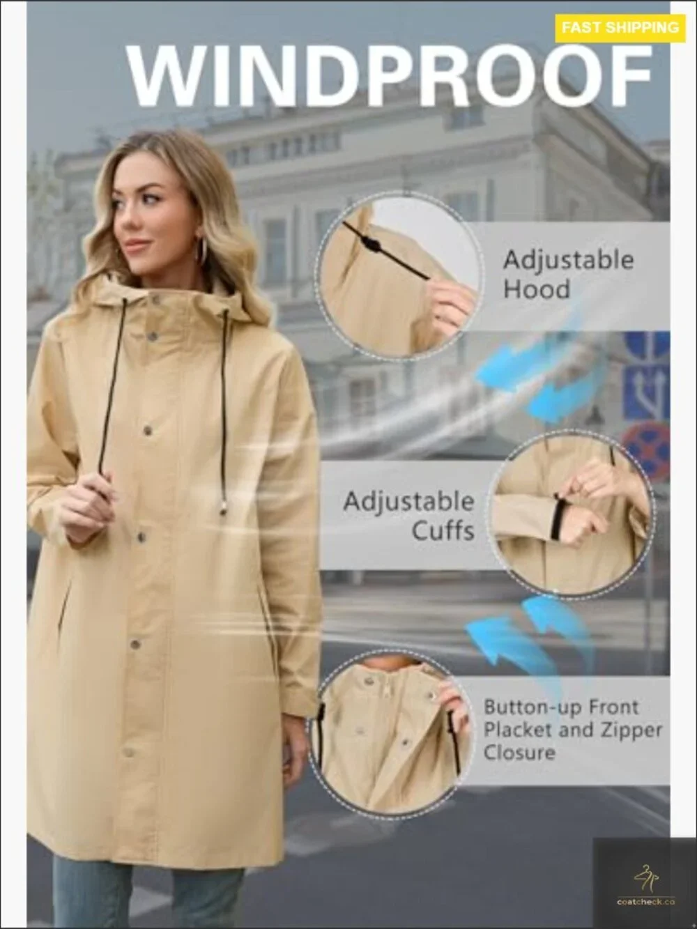 Long Packable Rain Jacket Waterproof Lightweight Windbreaker Hooded Trench Style